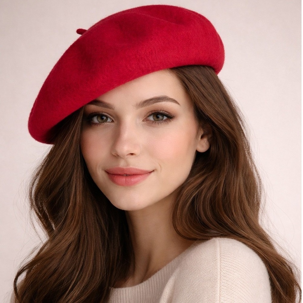 Halogen Womens Red Wool Blend French Beret Hat One Size Solid Felted‎ Parisian